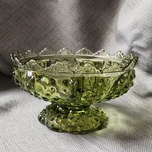 Vtg Fenton Green Glass Hobnail 6 Candle Holder Candle Bowl Pedestal Base